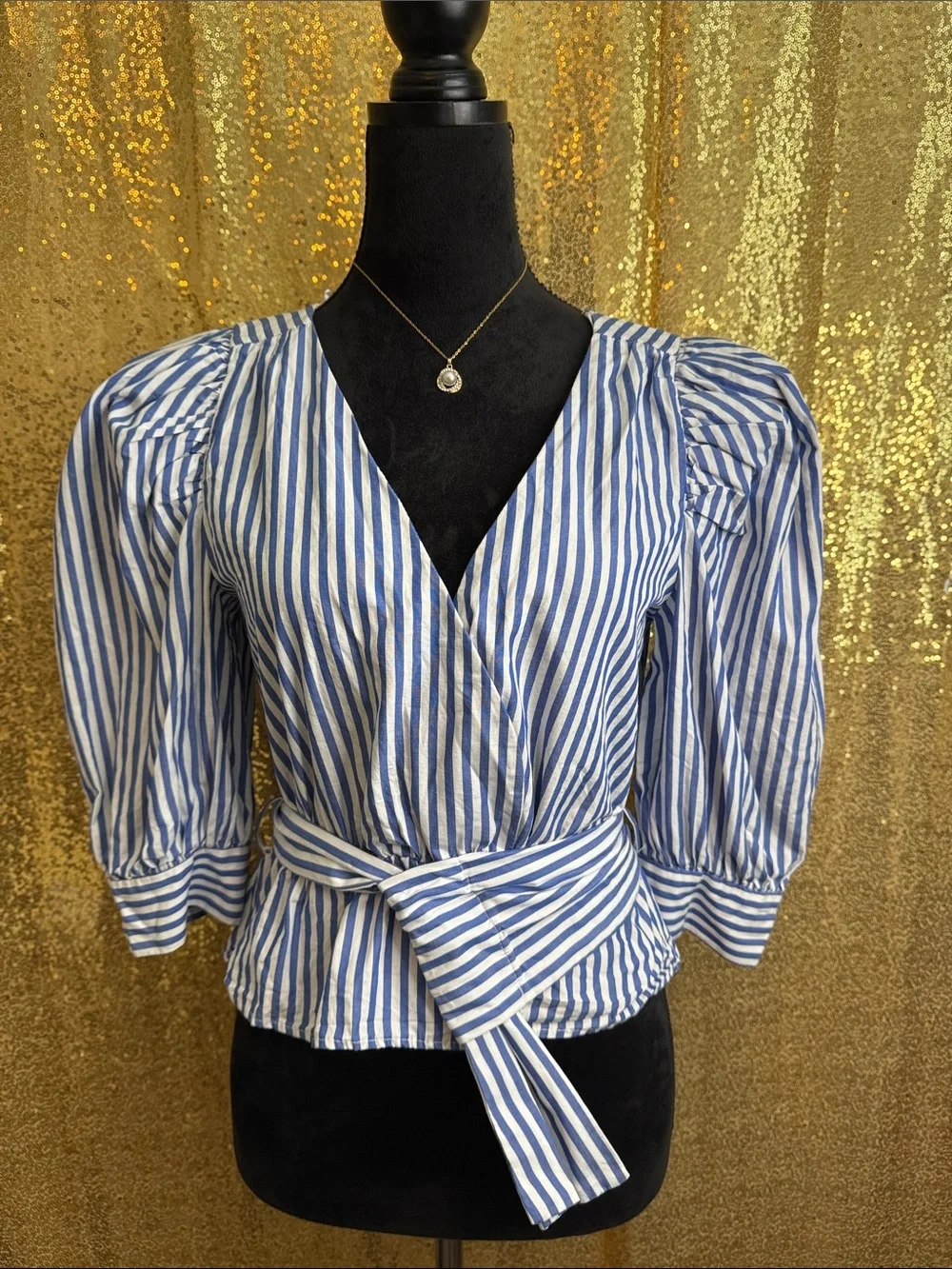 Zara Striped Wrap Blouse with Tie Waist - Blue & White 100% cotton
